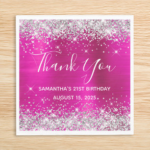 Silver Glitter Hot Pink 21st Birthday Thank You Napkins