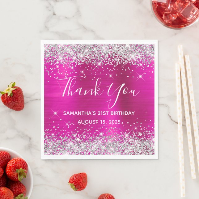 Silver Glitter Hot Pink 21st Birthday Thank You Napkins (Insitu)