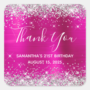 Silver Glitter Hot Pink 21st Birthday Thank You Square Sticker