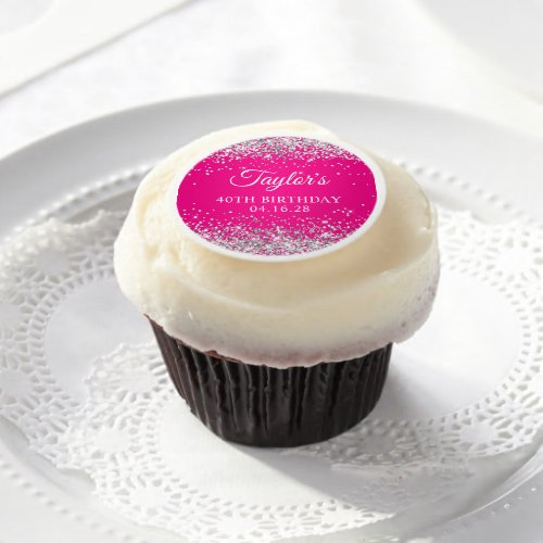 Silver Glitter Hot Pink 40th Birthday Edible Frosting Rounds