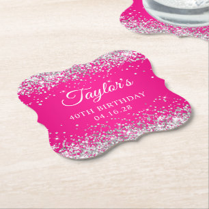 Silver Glitter Hot Pink 40th Birthday Paper Coaster