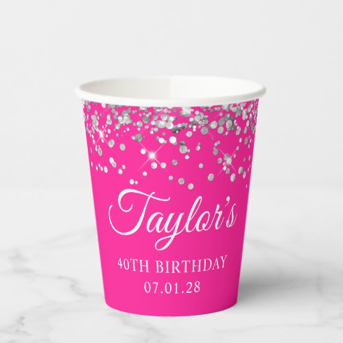 Silver Glitter Hot Pink 40th Birthday Paper Cups