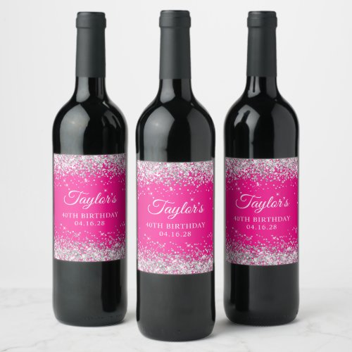 Silver Glitter Hot Pink 40th Birthday Wine Label