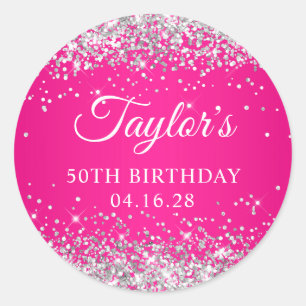 Silver Glitter Hot Pink 50th Birthday Classic Round Sticker