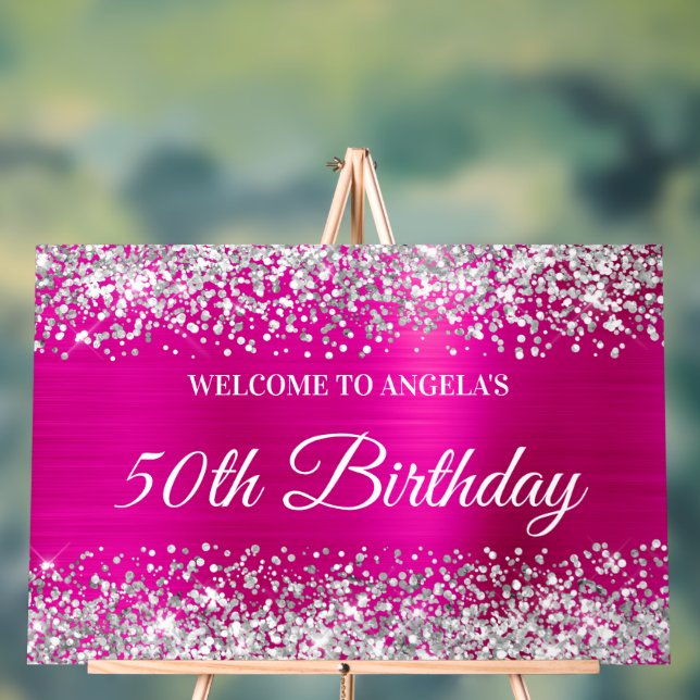 Silver Glitter Hot Pink 50th Birthday Welcome Acrylic Sign (Neutral)