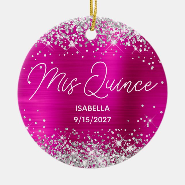Silver Glitter Hot Pink Fancy Mis Quince Photo Ceramic Ornament (Front)