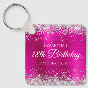 Silver Glitter Hot Pink Foil 18th Birthday Keychain