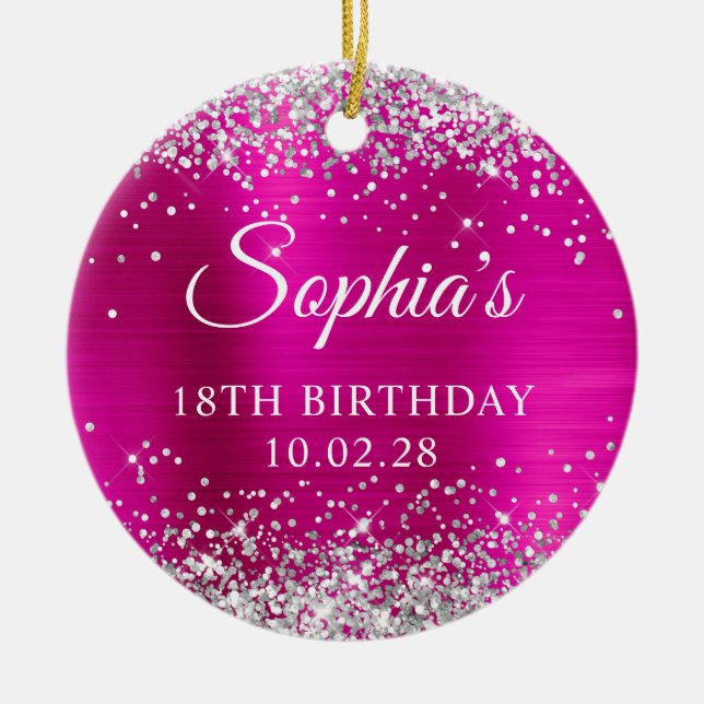 Silver Glitter Hot Pink Foil 18th Birthday Photo Ceramic Ornament (Front)
