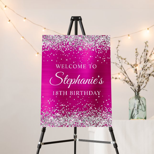Silver Glitter Hot Pink Foil 18th Birthday Welcome Foam Board (In Situ (Stand))
