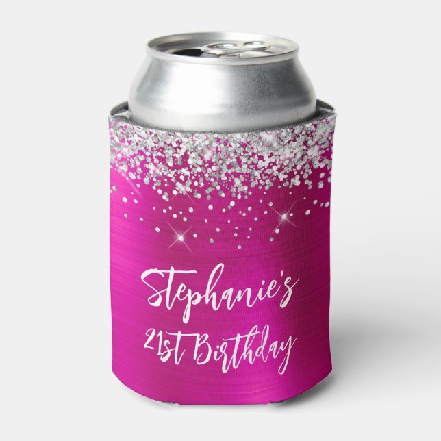 Silver Glitter Hot Pink Foil 21st Birthday Can Cooler (Can Front)