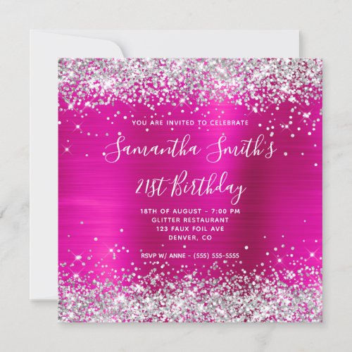 Silver Glitter Hot Pink Foil 21st Birthday Invitation