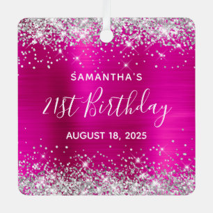Silver Glitter Hot Pink Foil 21st Birthday Metal Ornament