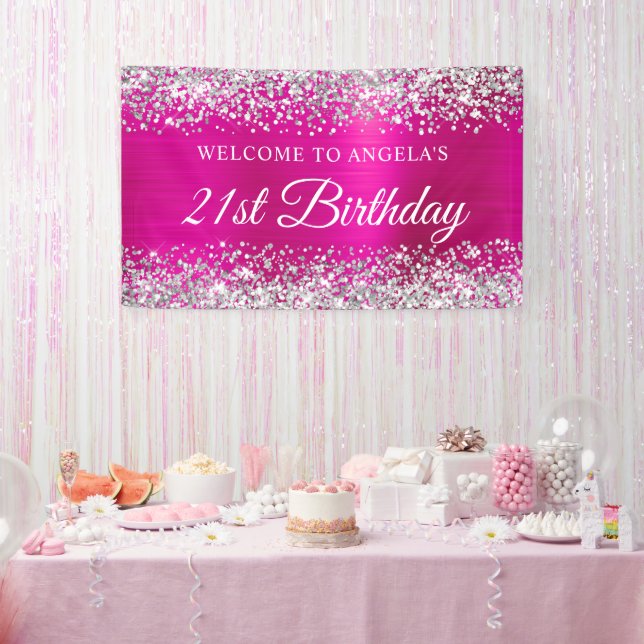 Silver Glitter Hot Pink Foil 21st Birthday Welcome Banner (Party)