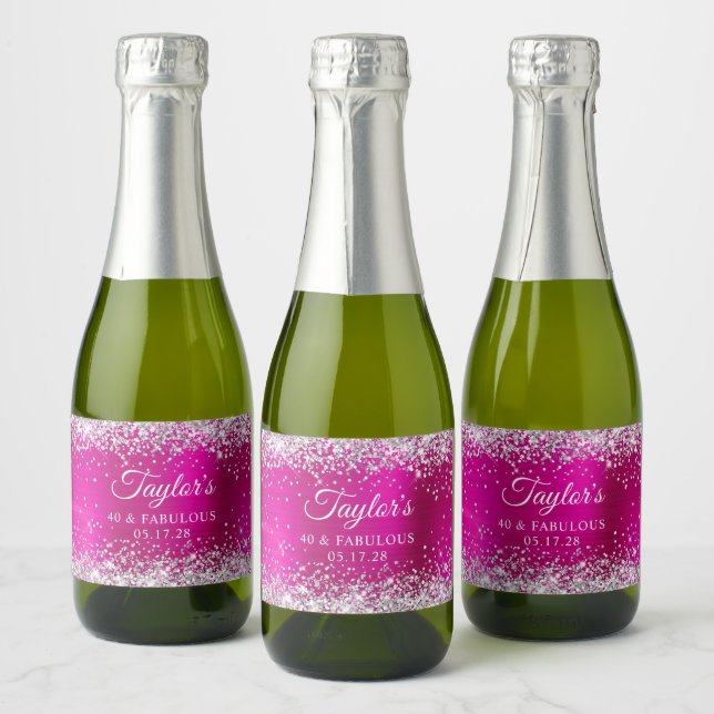 Silver Glitter Hot Pink Foil 40 & Fabulous Sparkling Wine Label (Bottles)