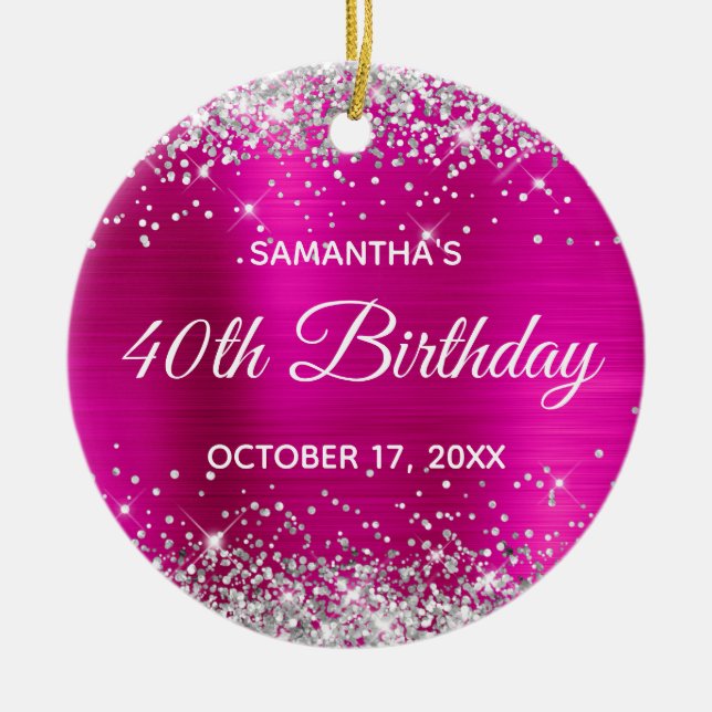 Silver Glitter Hot Pink Foil 40th Birthday Ceramic Ornament (Front)