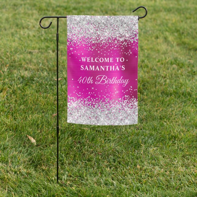 Silver Glitter Hot Pink Foil 40th Birthday Garden Flag (In SItu)