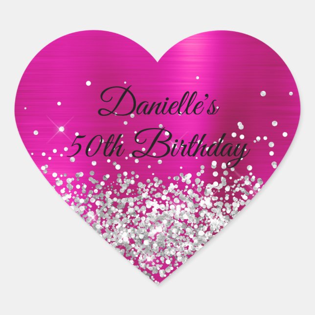 Silver Glitter Hot Pink Foil 50th Birthday Heart Sticker (Front)