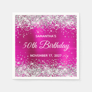 Silver Glitter Hot Pink Foil 50th Birthday Napkins