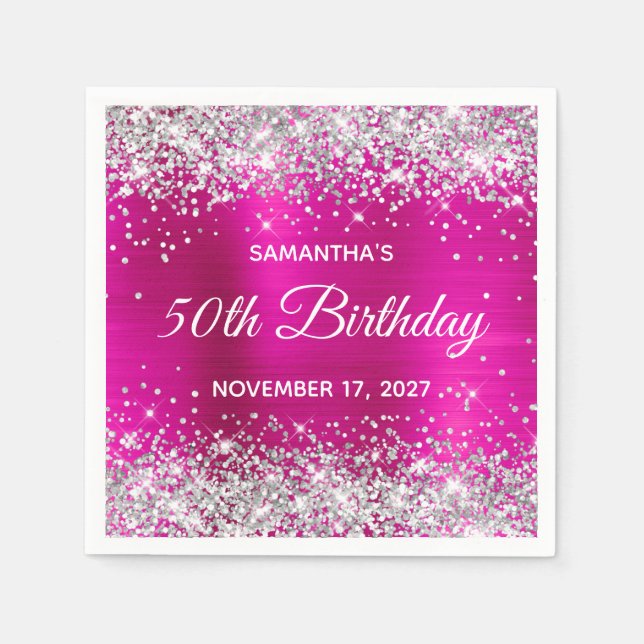 Silver Glitter Hot Pink Foil 50th Birthday Napkins (Front)