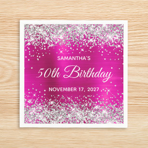 Silver Glitter Hot Pink Foil 50th Birthday Napkins