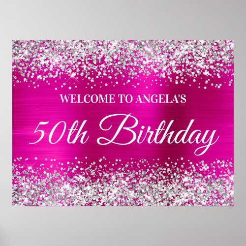 Silver Glitter Hot Pink Foil 50th Birthday Welcome Poster