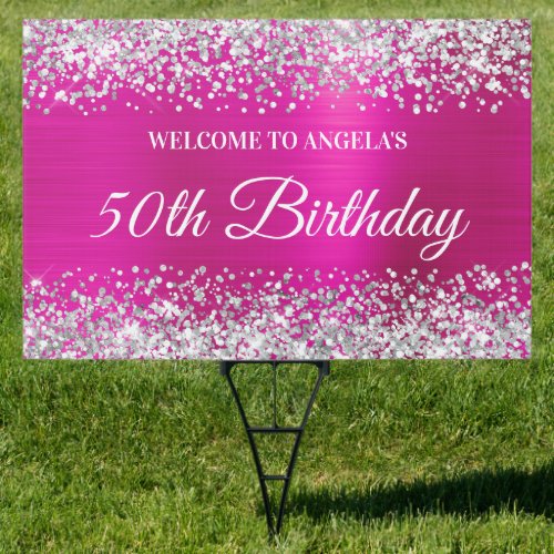 Silver Glitter Hot Pink Foil 50th Birthday Welcome Sign