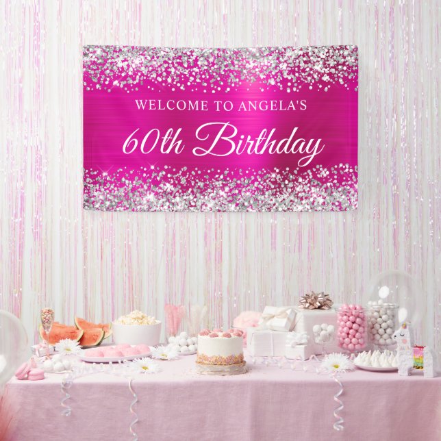 Silver Glitter Hot Pink Foil 60th Birthday Welcome Banner (Party)