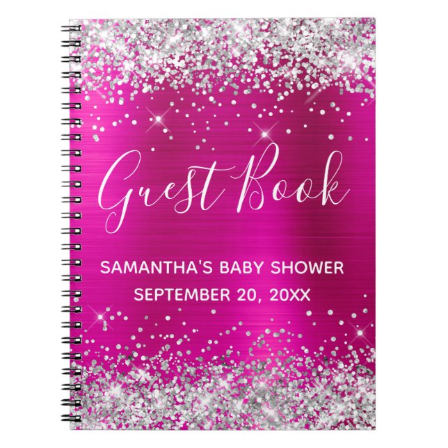 Silver Glitter Hot Pink Foil Baby Shower Guestbook Notebook (Front)