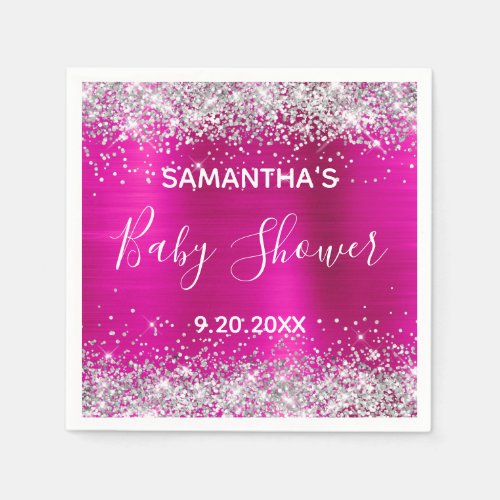 Silver Glitter Hot Pink Foil Baby Shower Napkins