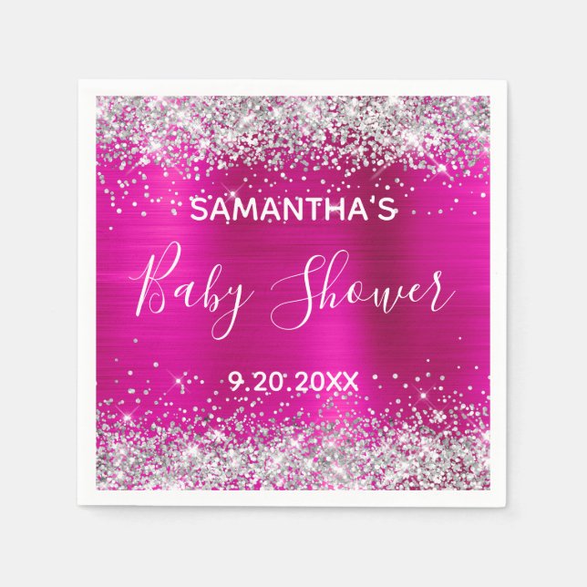 Silver Glitter Hot Pink Foil Baby Shower Napkins (Front)
