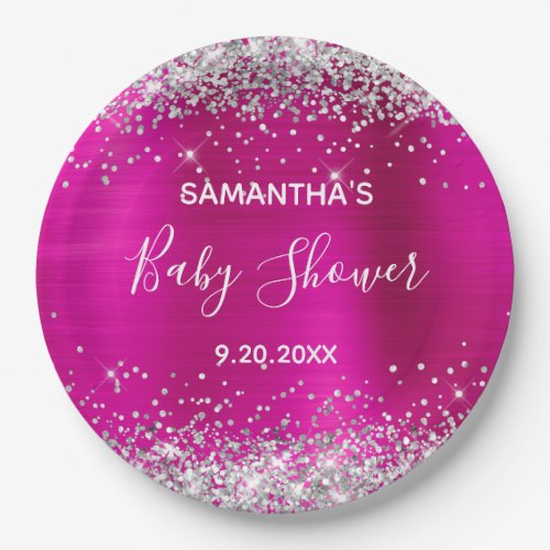 Silver Glitter Hot Pink Foil Baby Shower Paper Plates