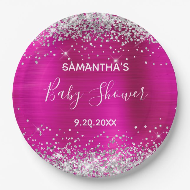 Silver Glitter Hot Pink Foil Baby Shower Paper Plates (Front)