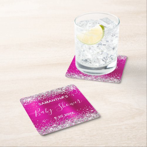 Silver Glitter Hot Pink Foil Baby Shower Square Paper Coaster
