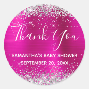 Silver Glitter Hot Pink Foil Baby Shower Thank You Classic Round Sticker