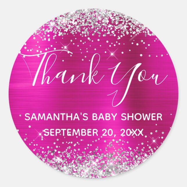 Silver Glitter Hot Pink Foil Baby Shower Thank You Classic Round Sticker (Front)