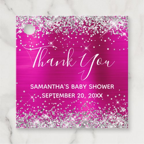Silver Glitter Hot Pink Foil Baby Shower Thank You Favor Tags