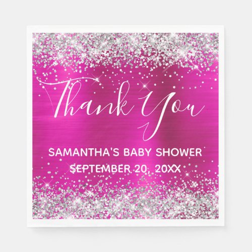 Silver Glitter Hot Pink Foil Baby Shower Thank You Napkins