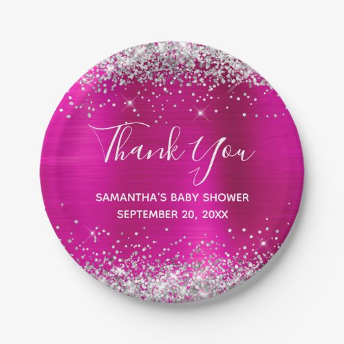 Silver Glitter Hot Pink Foil Baby Shower Thank You Paper Plates