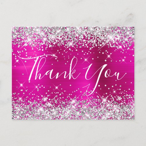 Silver Glitter Hot Pink Foil Baby Shower Thank You Postcard