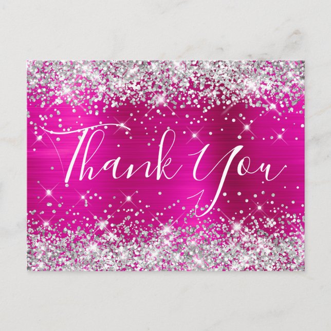 Silver Glitter Hot Pink Foil Baby Shower Thank You Postcard (Front)