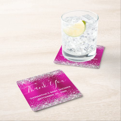 Silver Glitter Hot Pink Foil Baby Shower Thank You Square Paper Coaster