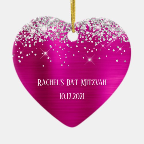 Silver Glitter Hot Pink Foil Bat Mitzvah Ceramic Ornament
