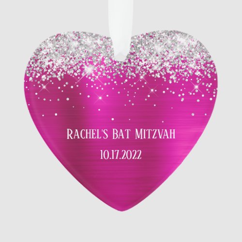 Silver Glitter Hot Pink Foil Bat Mitzvah Heart Ornament