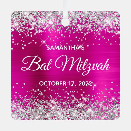 Silver Glitter Hot Pink Foil Bat Mitzvah Metal Ornament