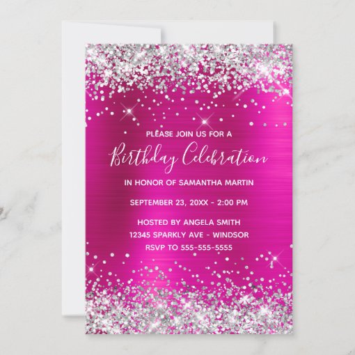 Silver Glitter Hot Pink Foil Birthday Celebration Invitation | Zazzle