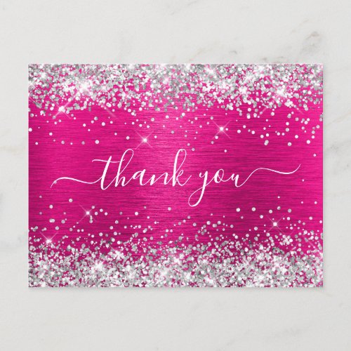 Silver Glitter Hot Pink Foil Birthday Thank You Postcard