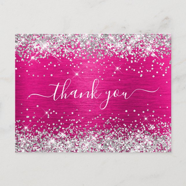 Silver Glitter Hot Pink Foil Birthday Thank You Postcard (Front)