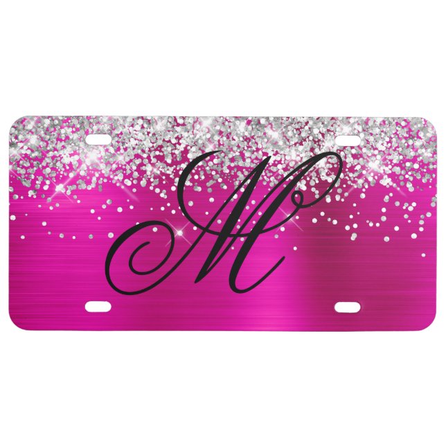 Silver Glitter Hot Pink Foil Black Fancy Monogram License Plate (Front)