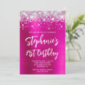 Silver Glitter Hot Pink Foil Bold 21st Birthday Invitation (Standing Front)