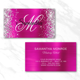 Silver Glitter Hot Pink Foil Fancy Monogram Business Card